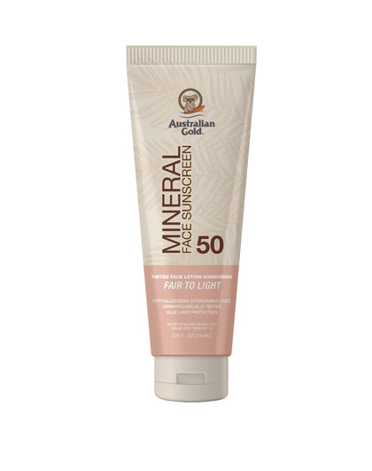Australian Gold front packaging showing tinted SPF 50 and benefits