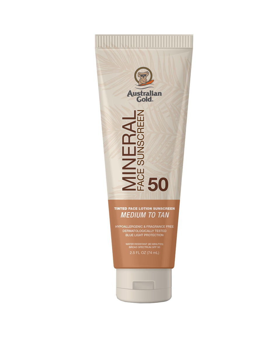 Australian Gold front tube view showing SPF 50 tint and daily protection benefit