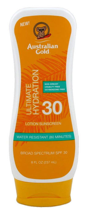 Australian Gold front packaging showing three 8 ounce bottles and SPF30 protection