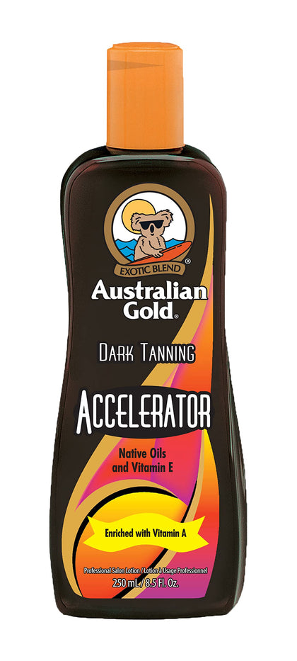 Australian Gold front packaging showing bottle and benefit of deep tan