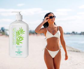 Australian Gold in beach bag showing convenient travel-ready tan care