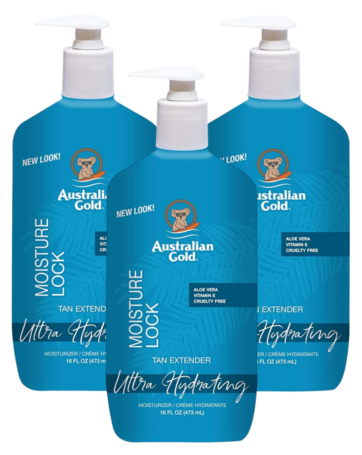 Australian Gold front packaging showing three 16 oz pump bottles and brand benefit