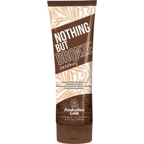 Australian Gold front packaging showing bottle and branding, highlights bronzer benefits