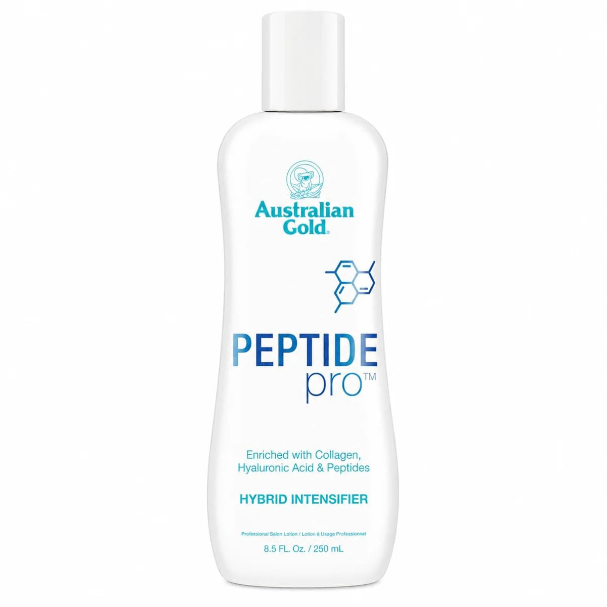 Australian Gold front packaging showing bottle and product name, highlights peptides