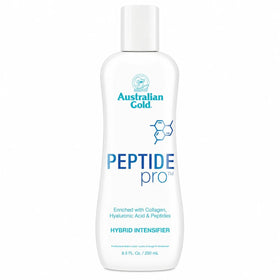 Australian Gold front packaging showing bottle and product name, highlights peptides