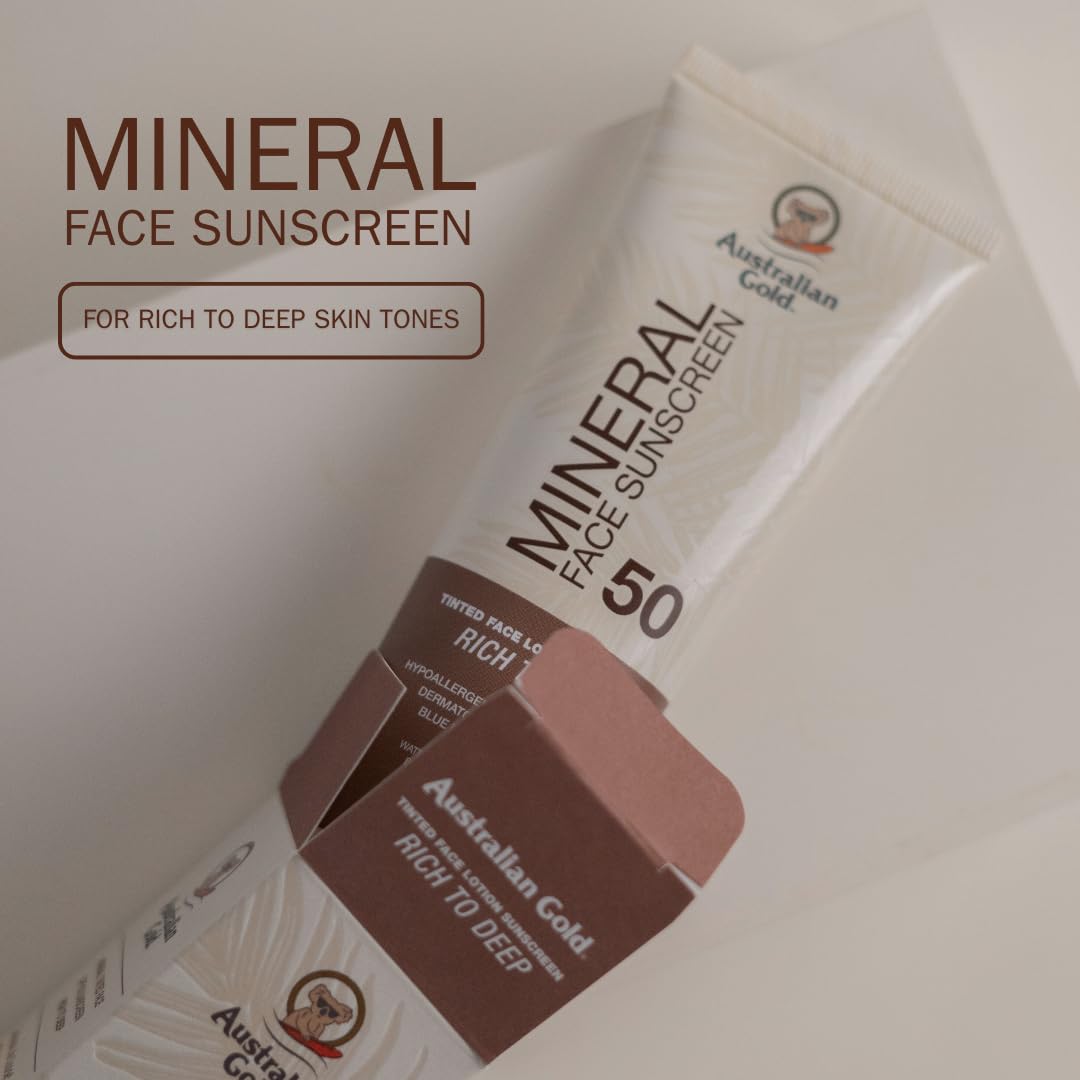 Australian Gold 2.5 fl oz beside sunglasses for scale and travel-friendly benefit