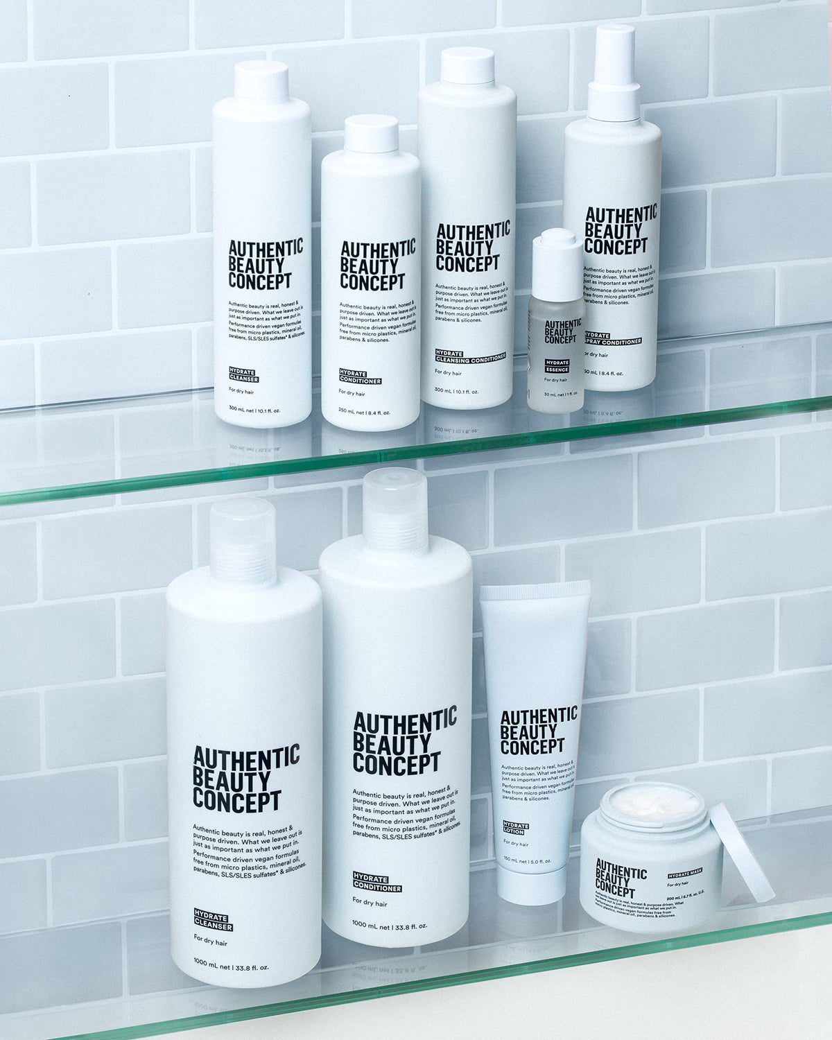 Authentic Beauty Concept bottle staged in bathroom lifestyle scene suggesting daily routine compatibility