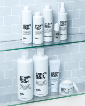 Authentic Beauty Concept bottle staged in bathroom lifestyle scene suggesting daily routine compatibility