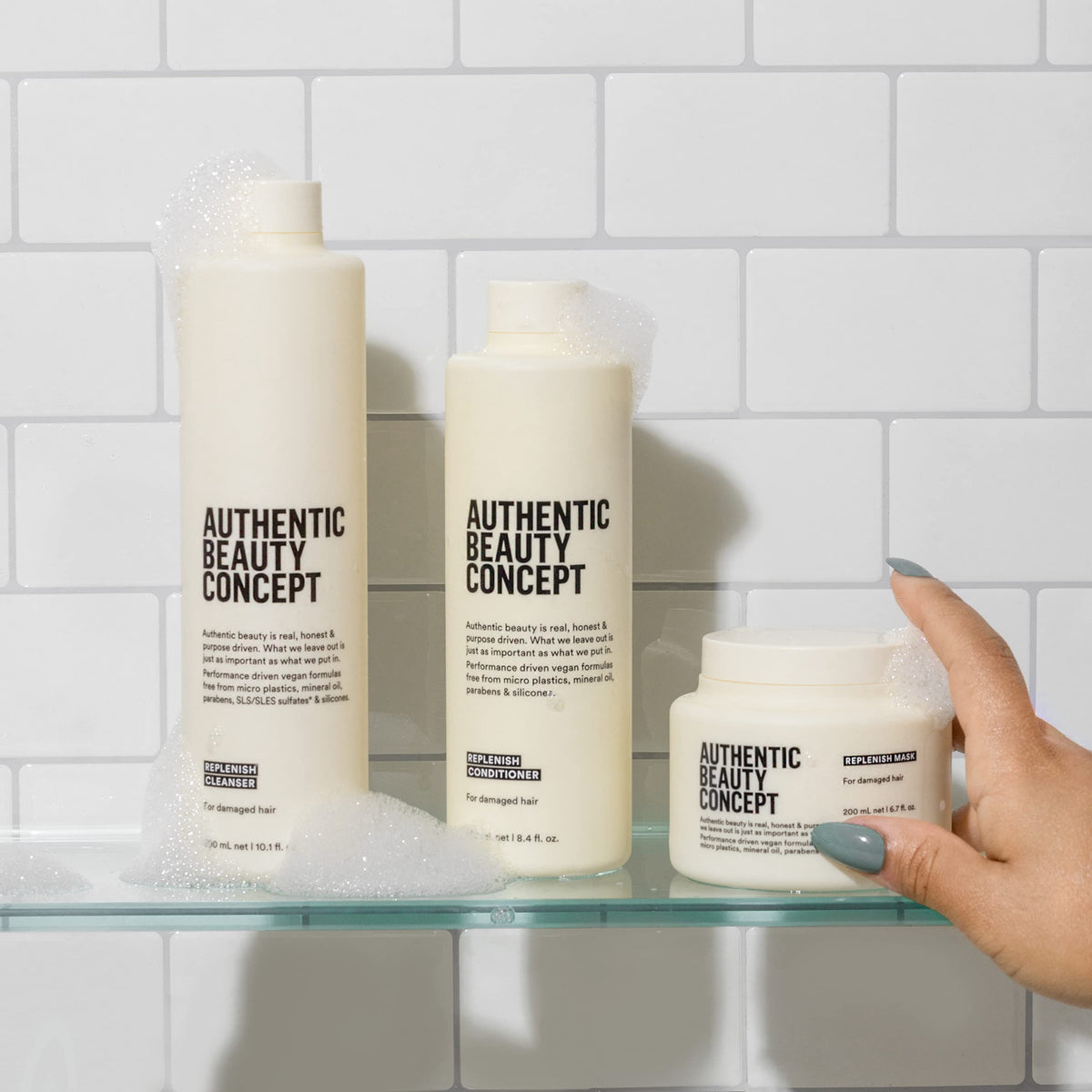 Authentic Beauty Concept after-treatment glossy hair result, reveals restored shine
