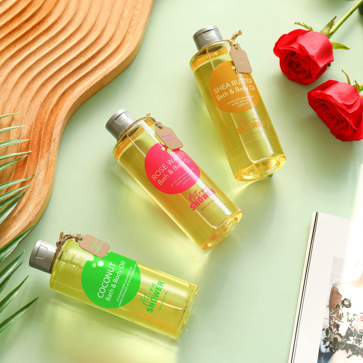 Autumn Shower bottle beside bathtub demonstrating in-bath use and relaxation benefit