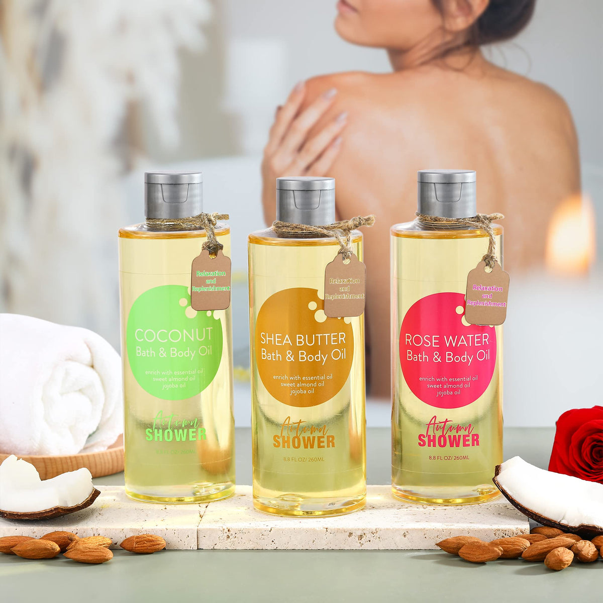 Autumn Shower rose water label detail highlighting fragrance and gentle-skin benefit