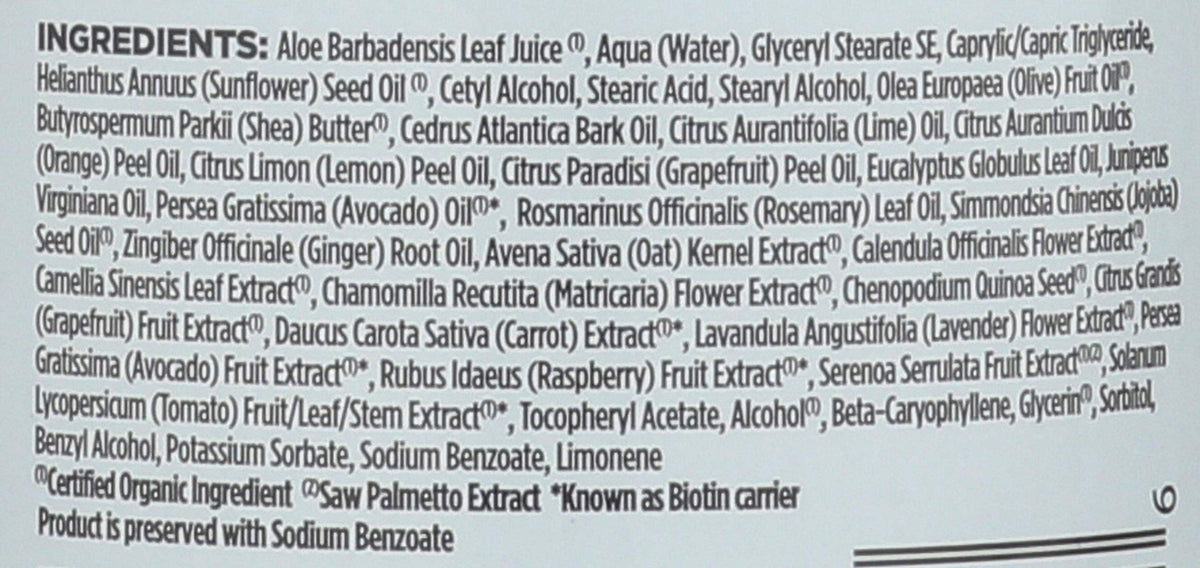 Avalon Organics label detail showing ingredient list and transparency benefit