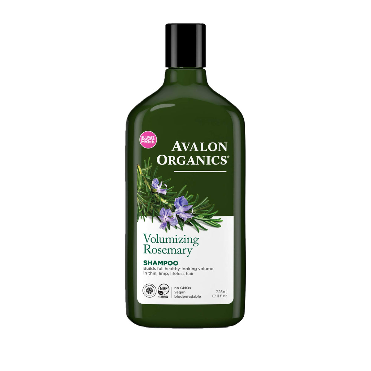 Avalon Organics front bottle shot showing volumizing rosemary label and clear benefits