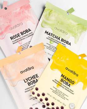 Avatara front packaging showing four boba-inspired hydrogel masks and benefits
