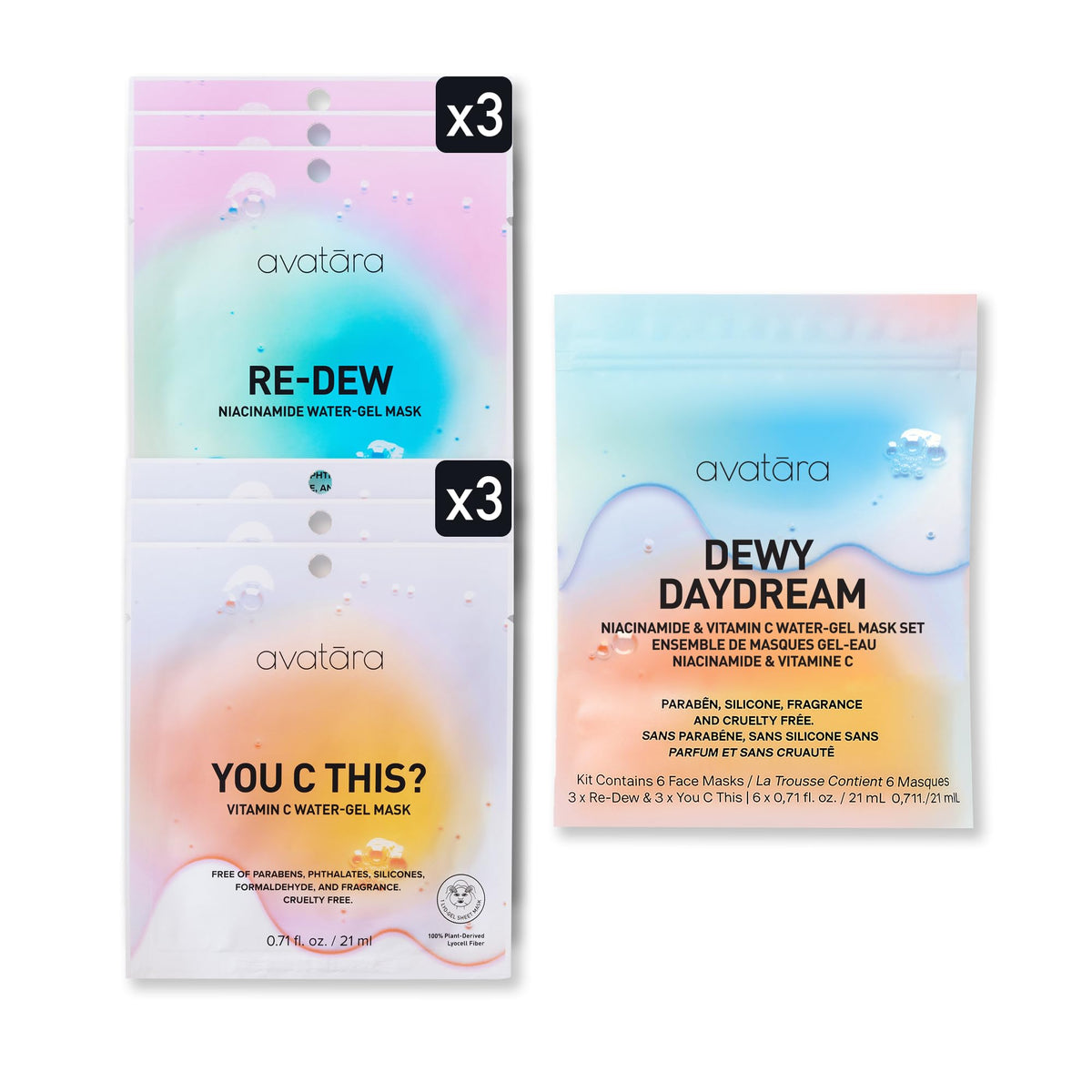 Avatara front packaging showing six individually wrapped Dewy Daydream masks and benefits