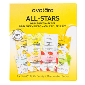 Avatara front packaging showing all eight masks and variety benefits