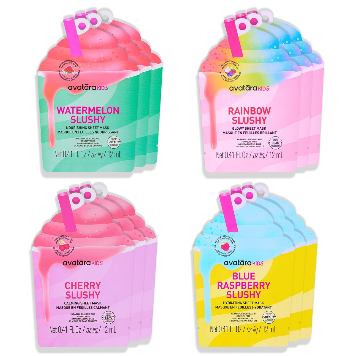 Avatara front packaging showing 12 colorful slushy masks and playful branding for easy selection