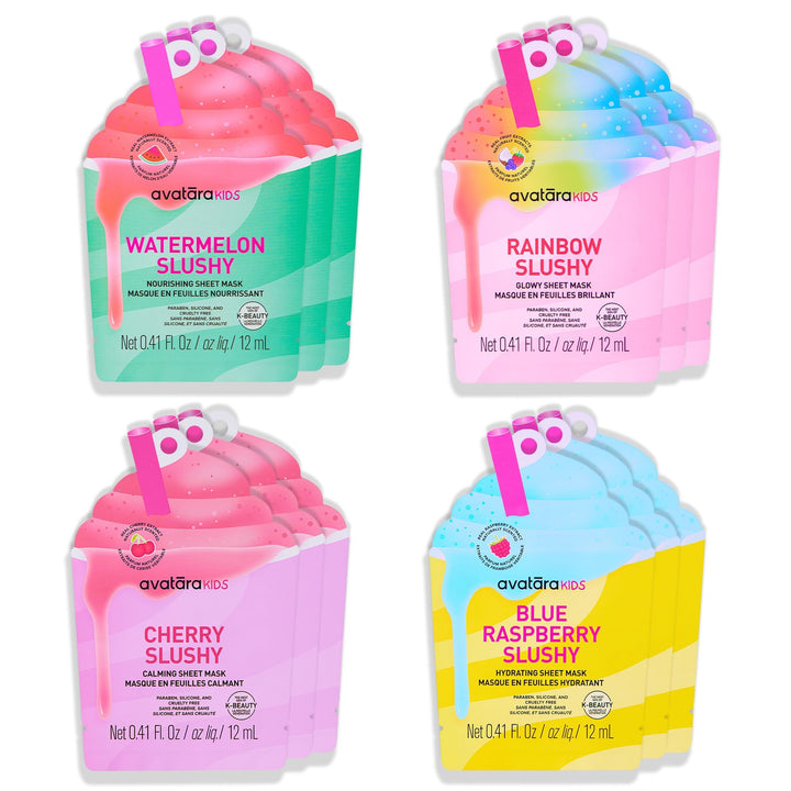 Avatara front packaging showing 12 colorful slushy masks and playful branding for easy selection