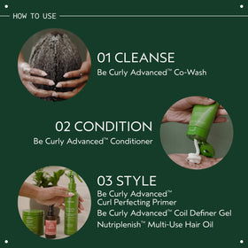 Aveda product applied to wet curly hair demonstrating gentle cleanse