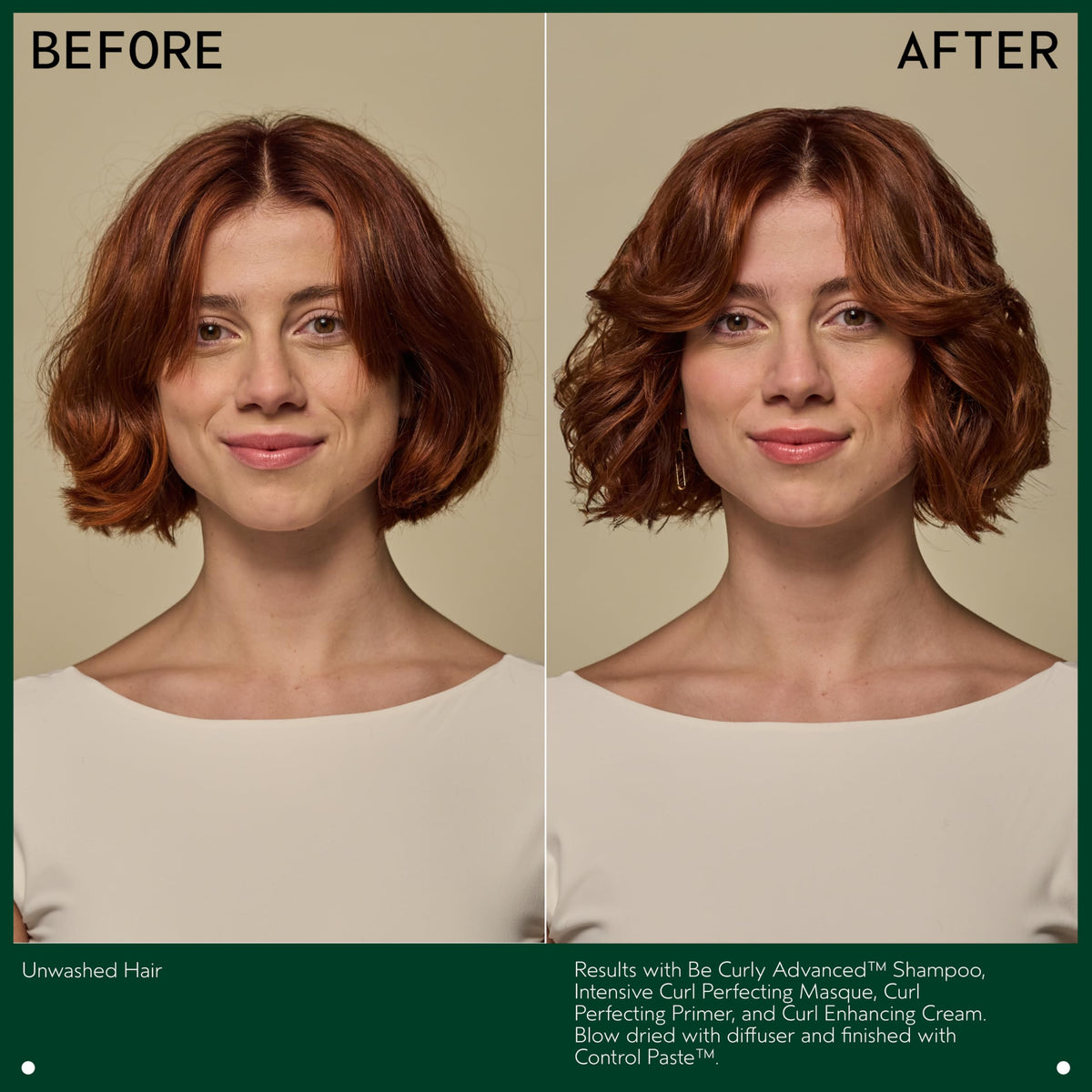 Aveda Be Curly before and after on wavy hair showing defined, reduced-frizz curls