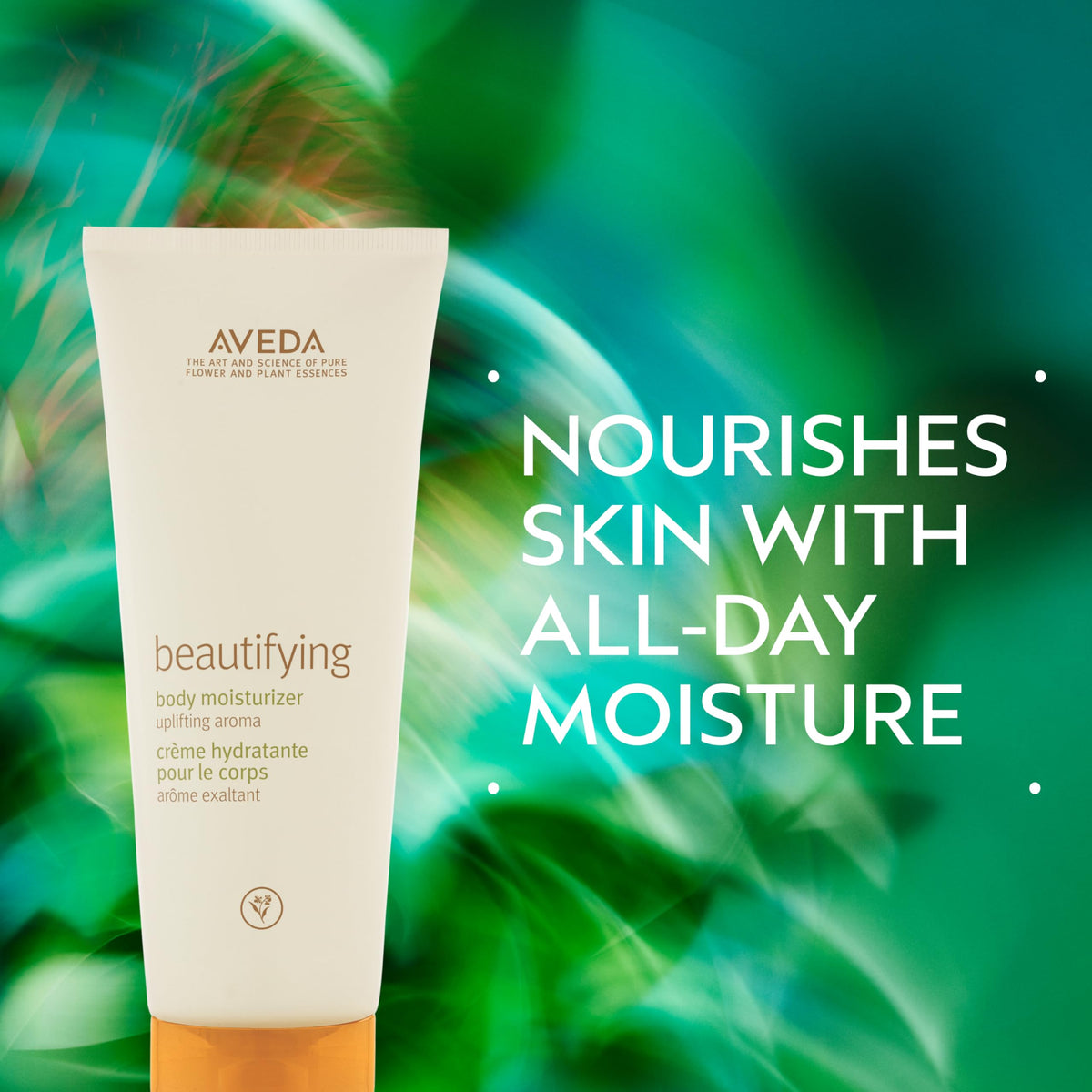 Close-up texture of Aveda lotion demonstrating quick absorption and silky feel
