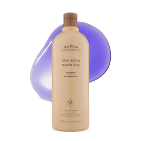 Aveda Blue Malva front bottle showing label and liter size benefit: long-lasting supply