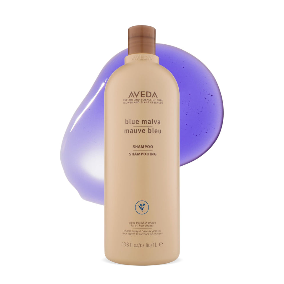 Aveda Blue Malva front bottle showing label and liter size benefit: long-lasting supply