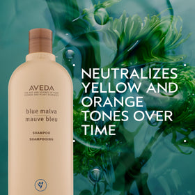 Aveda Blue Malva shampoo pour close-up showing creamy blue texture for even toning