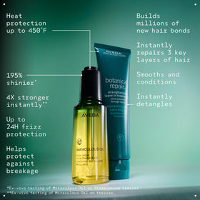 Aveda applying leave‑in to damp hair illustrating smoother detangling benefit
