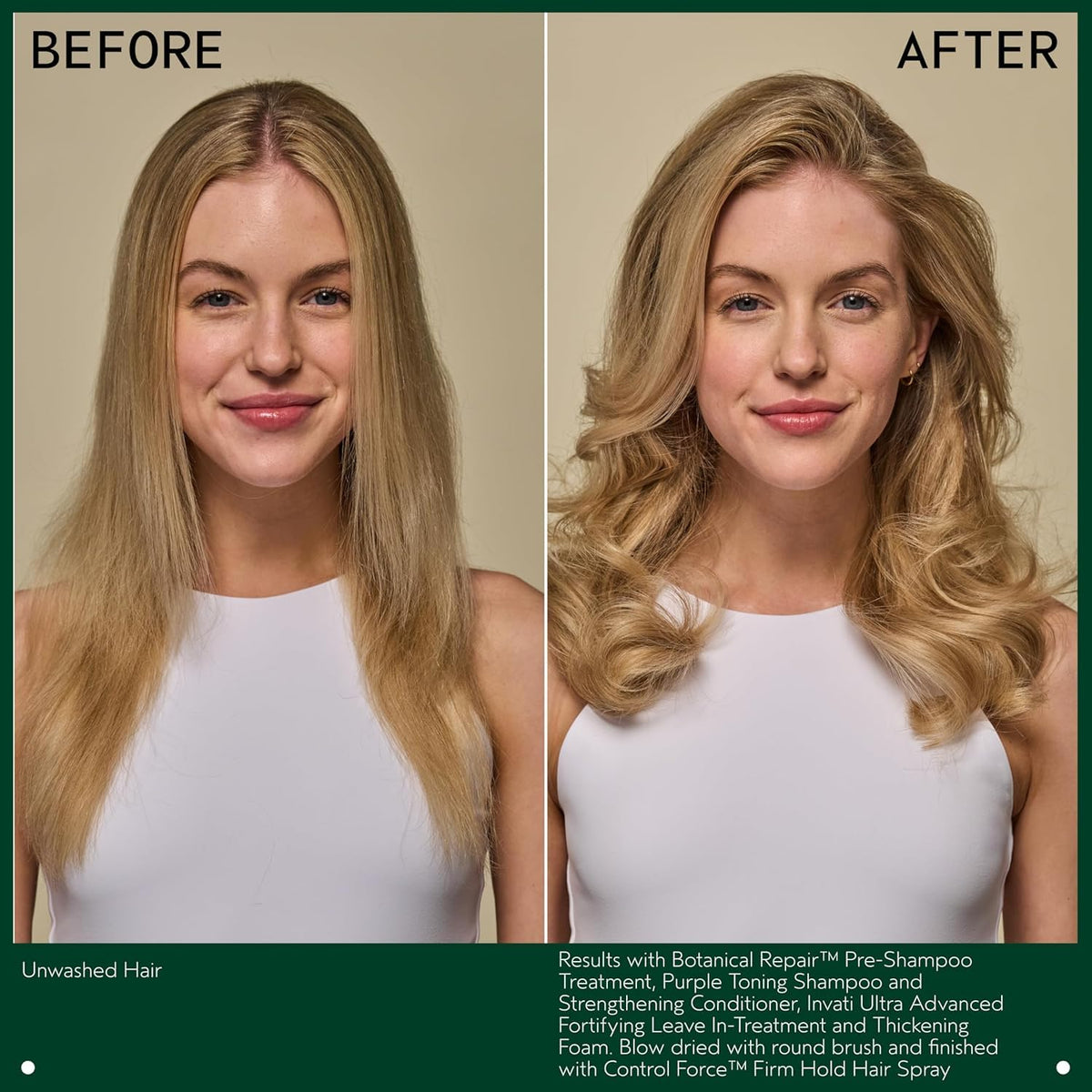 Aveda before and after hair image showing reduced brassy tones and shine