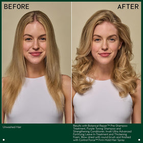 Aveda before and after hair image showing reduced brassy tones and shine