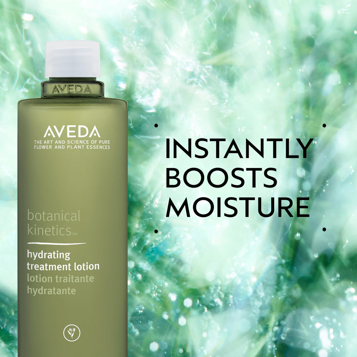 Aveda bottle close-up with visible liquid droplet highlighting lightweight texture benefit