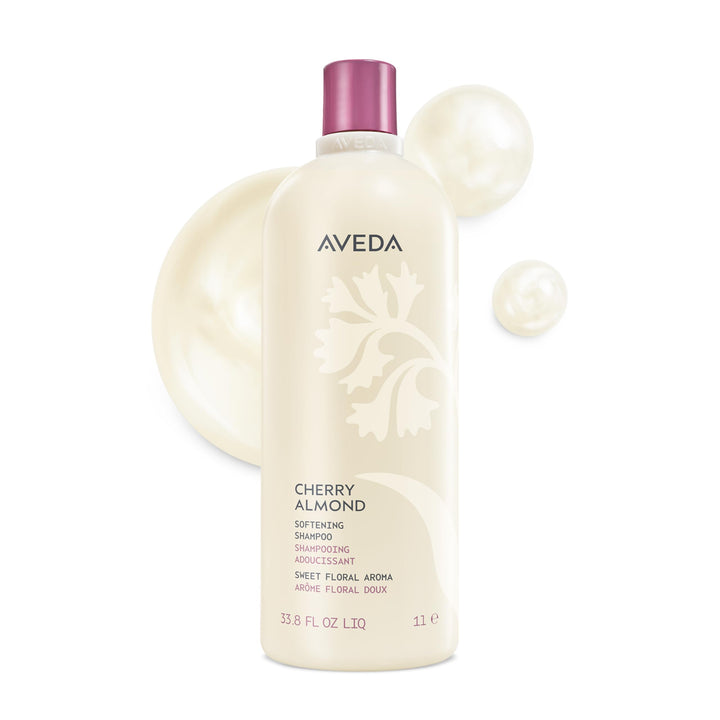Aveda bottle front view showing cherry almond shampoo and benefits