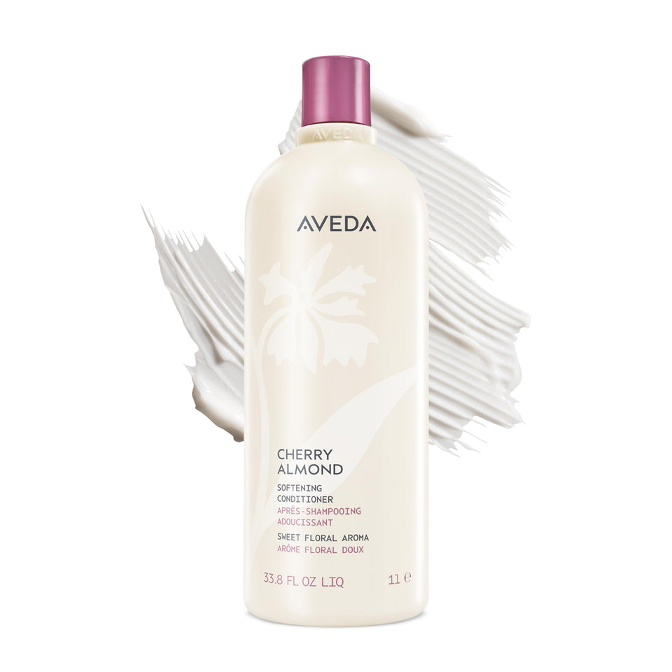 Aveda bottle front view showing Cherry Almond branding and size, highlighting recognizable aroma
