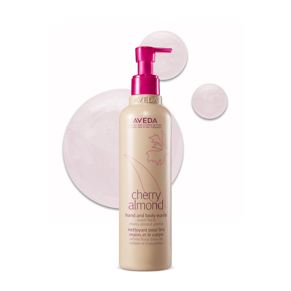 Aveda bottle front packaging showing Cherry Almond label and size benefit
