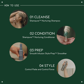 Aveda Control Paste next to travel items showing compact 2.5 oz convenience benefit