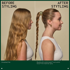 Aveda Control Paste styled hair side profile showing textured matte finish benefit