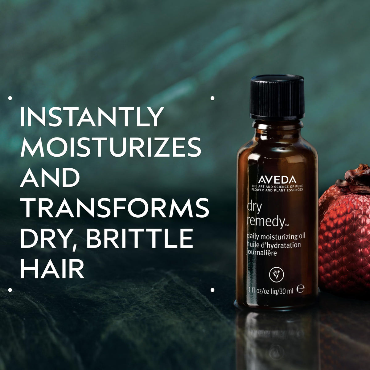 Aveda Dry Remedy oil drops from nozzle illustrating precise dosing benefit