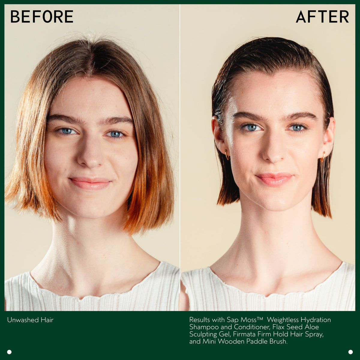 Aveda styling gel creating a sleek, slicked-back hairstyle for hold