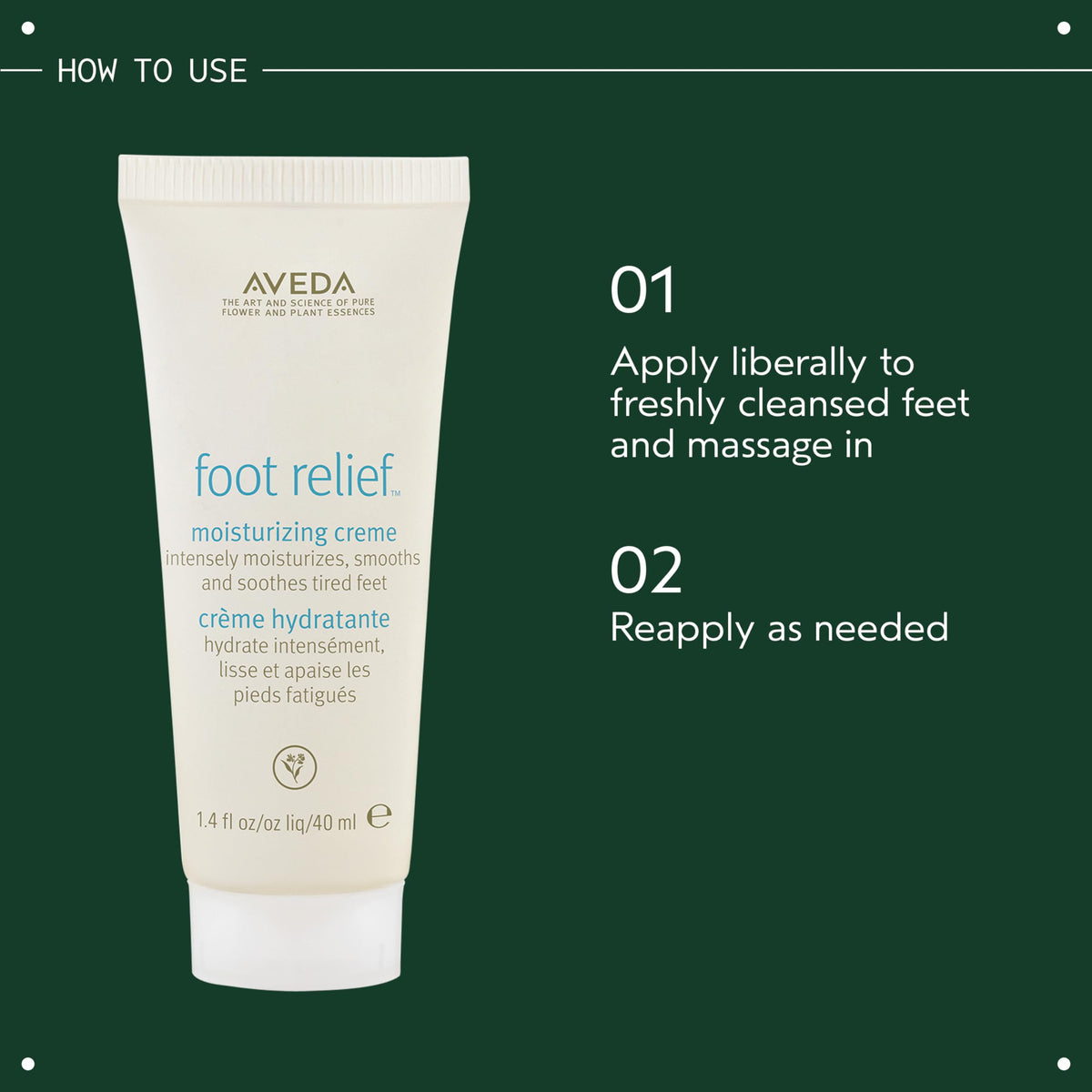 Aveda foot relief ingredients label close-up showing plant-based oils and exfoliating acids