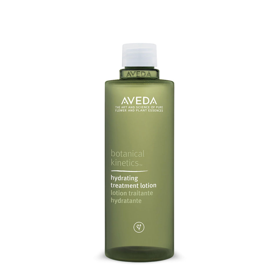 Aveda front packaging showing hydrating treatment lotion and clear bottle benefit: easy identification