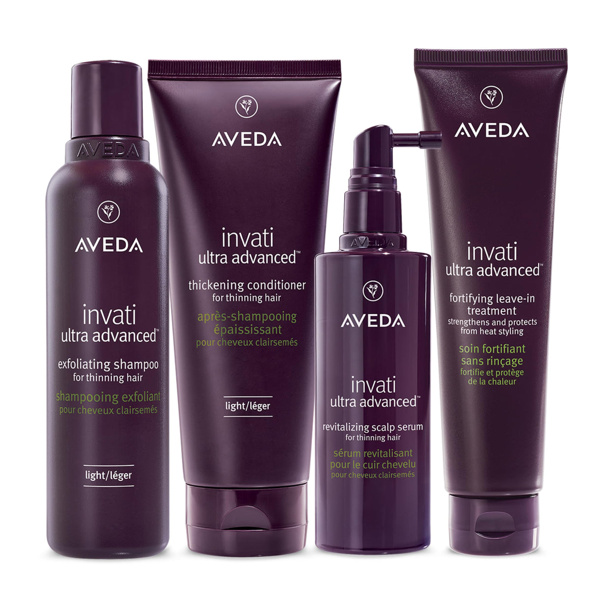 Aveda Invati Ultra Light front packaging showing the four-step set and fuller-looking hair benefits