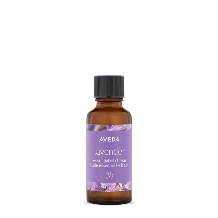 Aveda front packaging showing bottle and calming lavender scent benefit