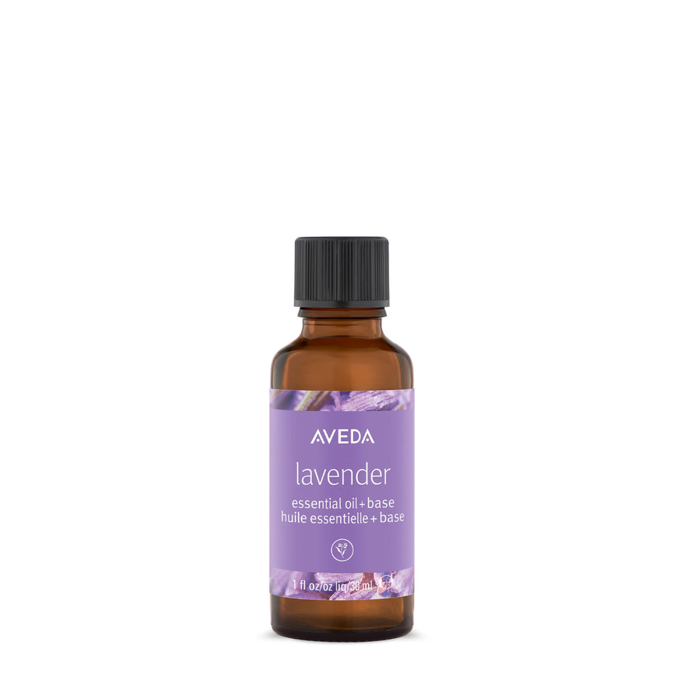 Aveda front packaging showing bottle and calming lavender scent benefit