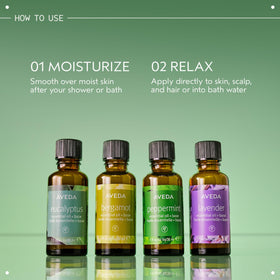 Aveda bottle beside bathtub scene conveying relaxation and ritual benefit