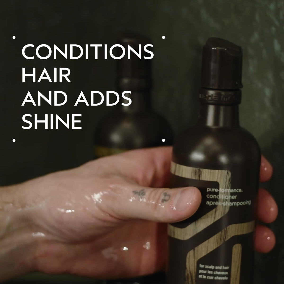 Aveda Men Pure-Formance conditioner back label close-up listing ingredients and transparency benefit