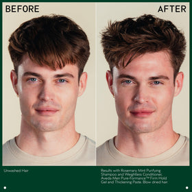 Aveda Men styled hair before and after, demonstrating thicker appearance