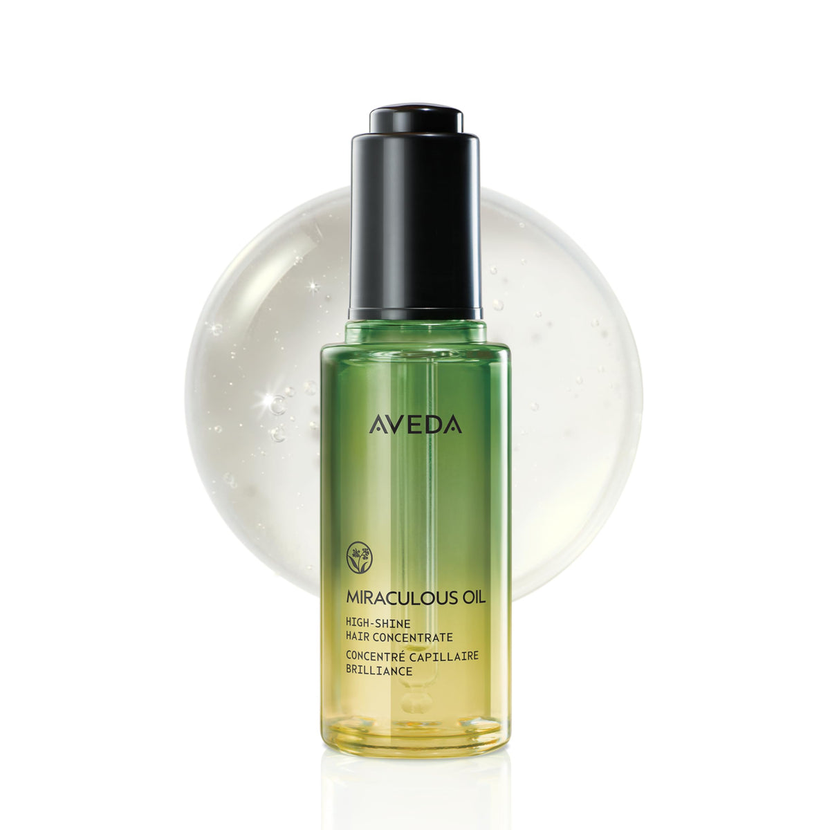 Aveda front packaging showing the oil bottle and branding for quick recognition