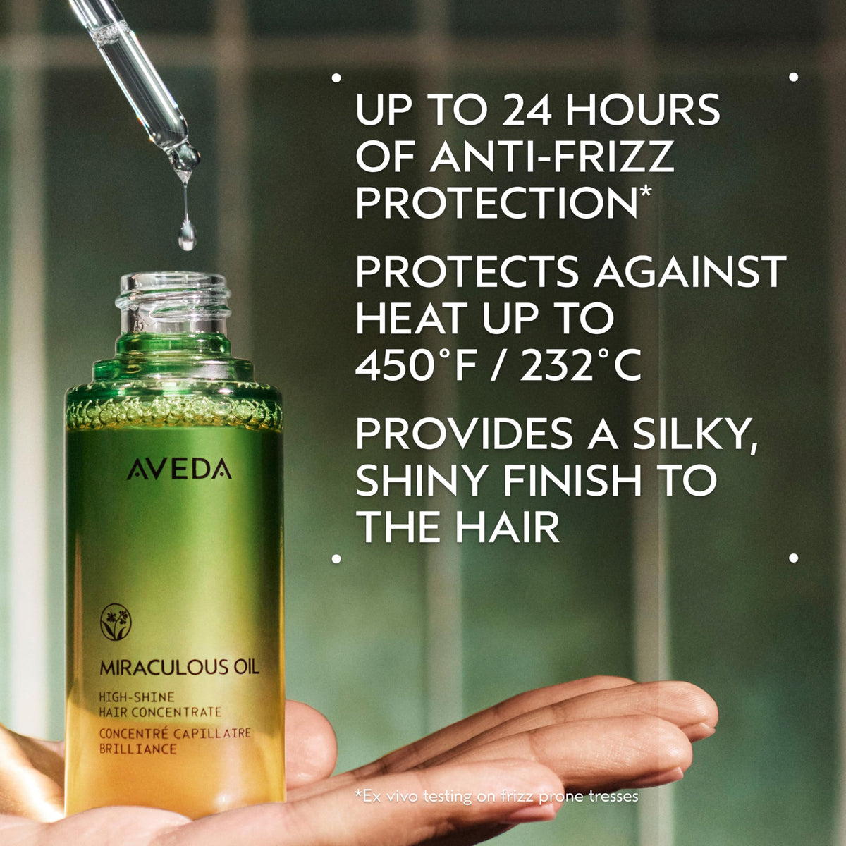 Aveda oil texture in palm illustrating lightweight, non-greasy finish