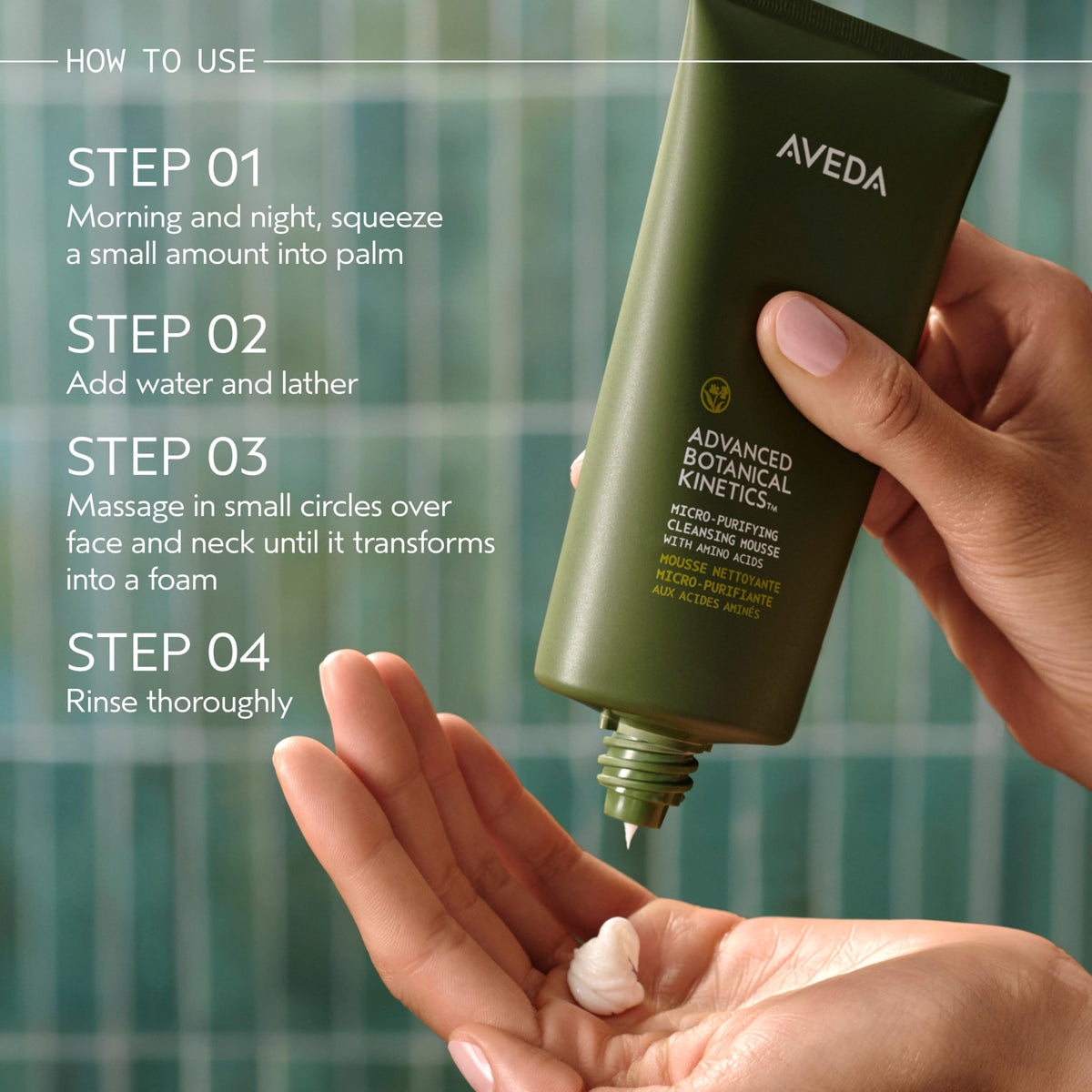 Aveda pump dispenser close-up, neat dosing for controlled application and reduced waste